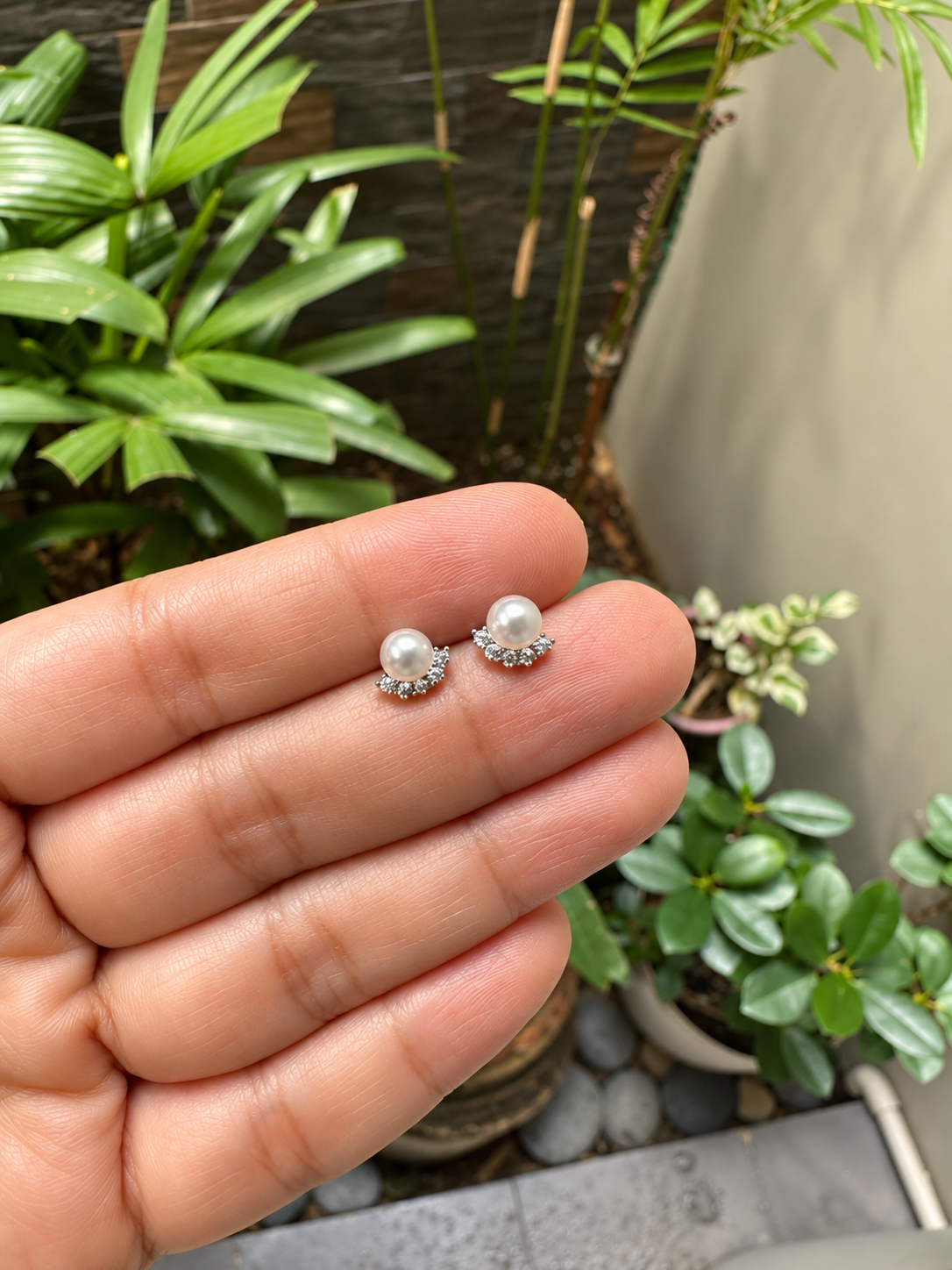 Dainty Lotus Crescent Pearl Stud Earrings in 14K White-Gold Tone
