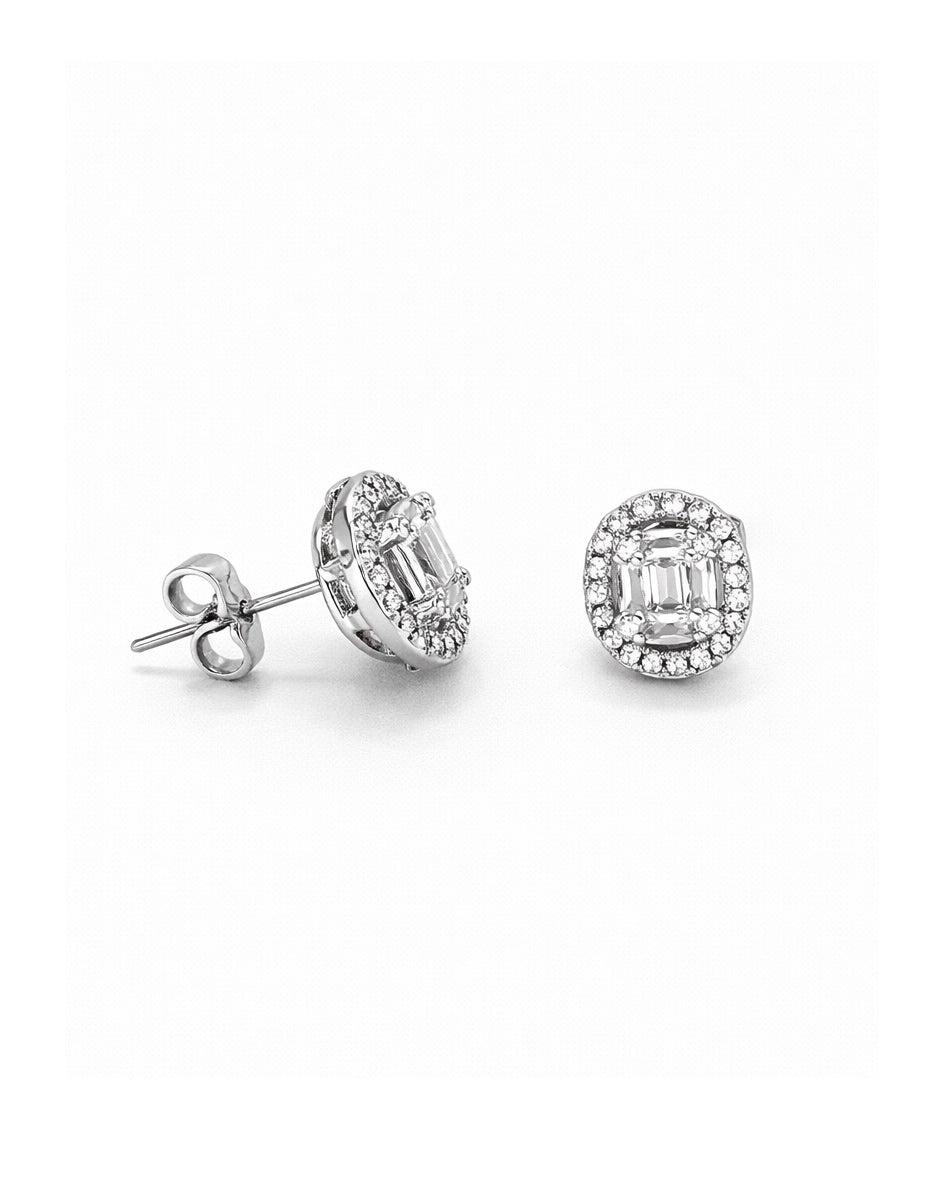 Oval Halo Illusion Zirconia Stud Earrings | White Gold Finish