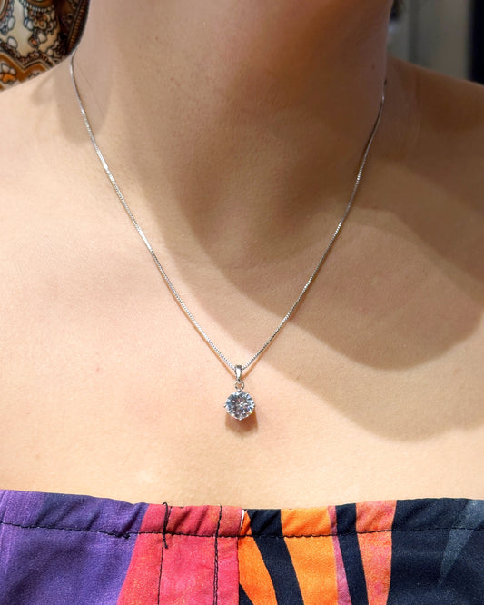 Classic Solitaire Zirconia Pendant Necklace – 14K White Gold Dipped