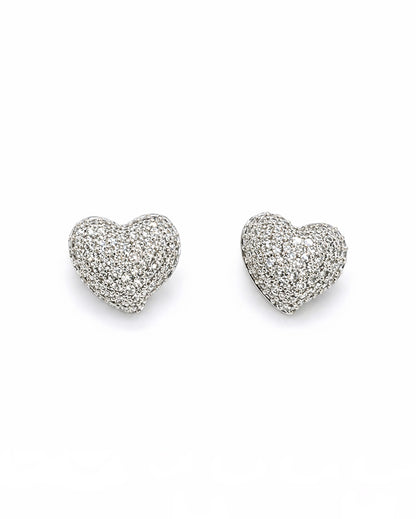 Diamond-Look Heart Stud Earrings – Pavé Zirconia, Hypoallergenic, White Gold Tone