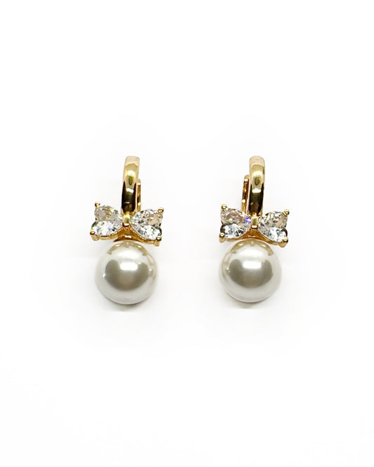 Pearl Bow Huggie Earrings – 18K Gold Dipped | Premium Zirconia