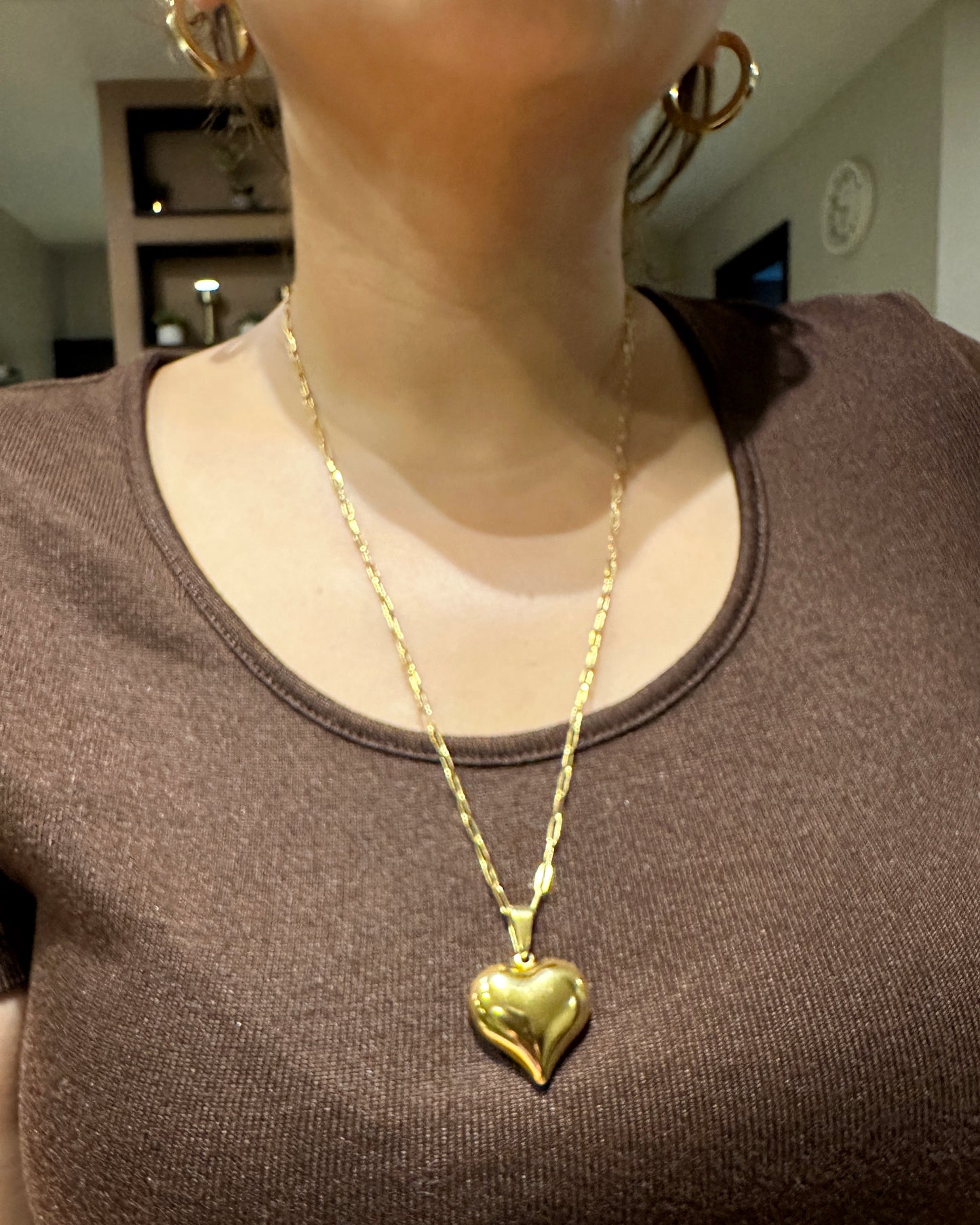 Puffed Heart Pendant Necklace (24 Inches) – 18K Gold Dipped Stainless Steel