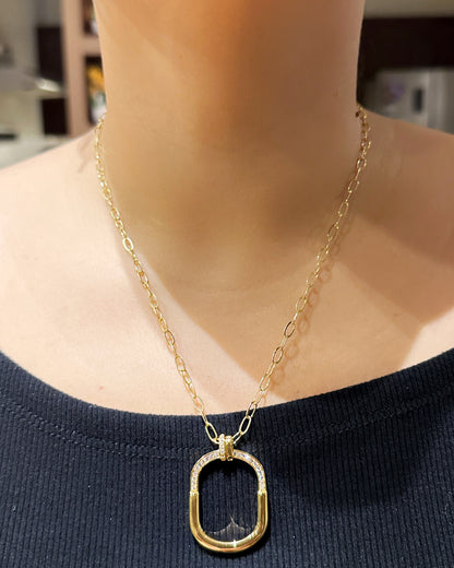 Chunky Oval Link Necklace Set with Zirconia Pendant and Huggie Earrings in Gold Tone