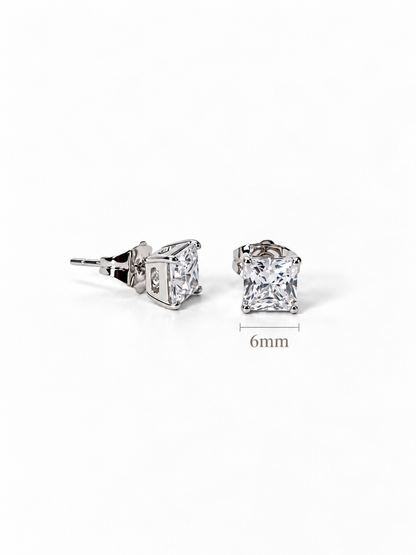 Princess Cut Solitaire Zirconia Stud Earrings in 14K White Gold Finish