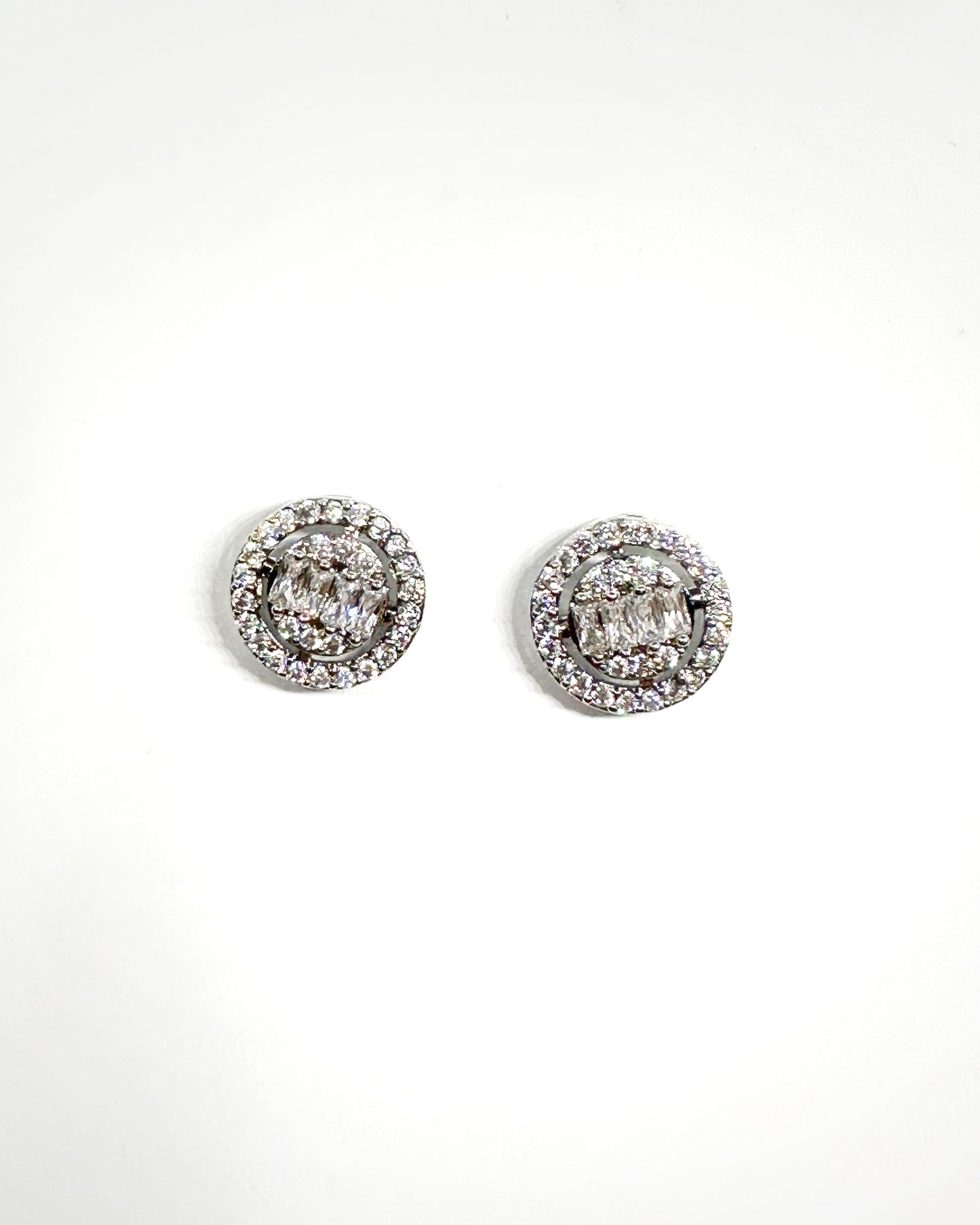 Double Halo Baguette Cluster Stud Earrings – 14K Whitegold-Dipped