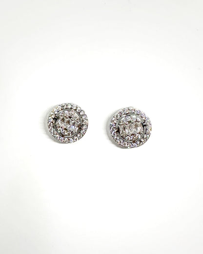 Double Halo Baguette Cluster Stud Earrings – 14K Whitegold Tone
