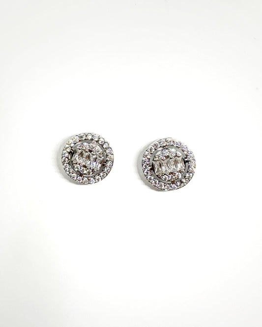 Double Halo Baguette Cluster Stud Earrings – 14K Whitegold-Dipped