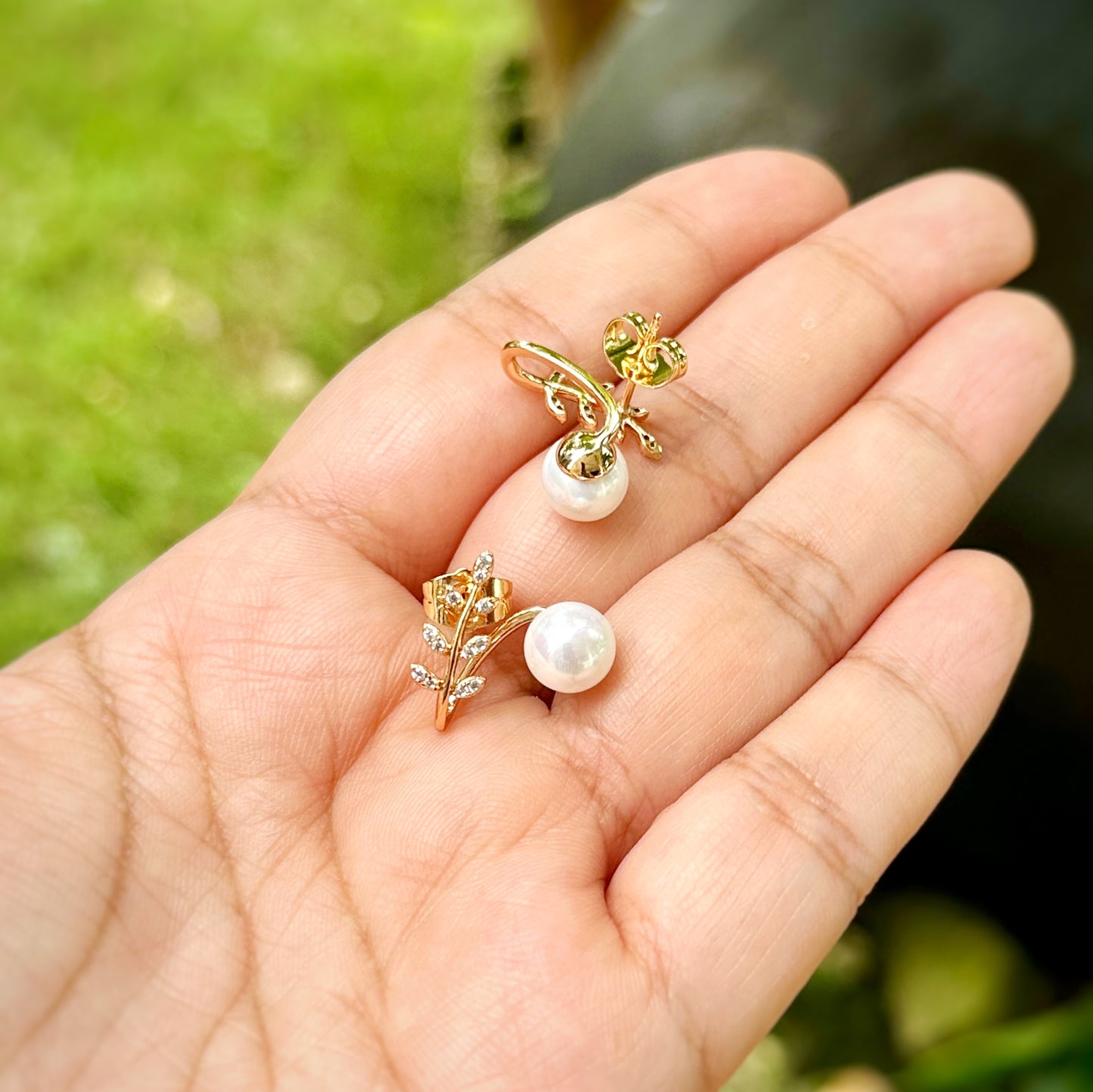 Gold Leaf and Pearl Drop Ear-Climber Earrings