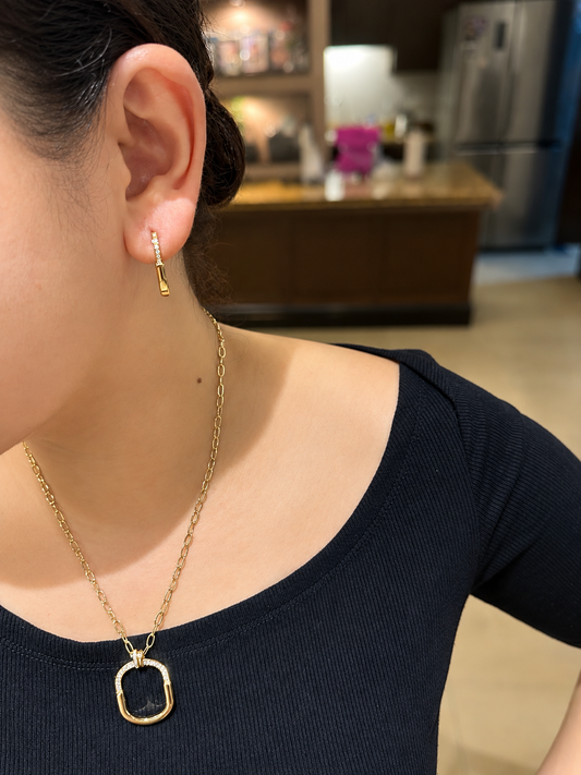 Chunky Oval Link Necklace Set with Zirconia Pendant and Huggie Earrings in Gold Tone
