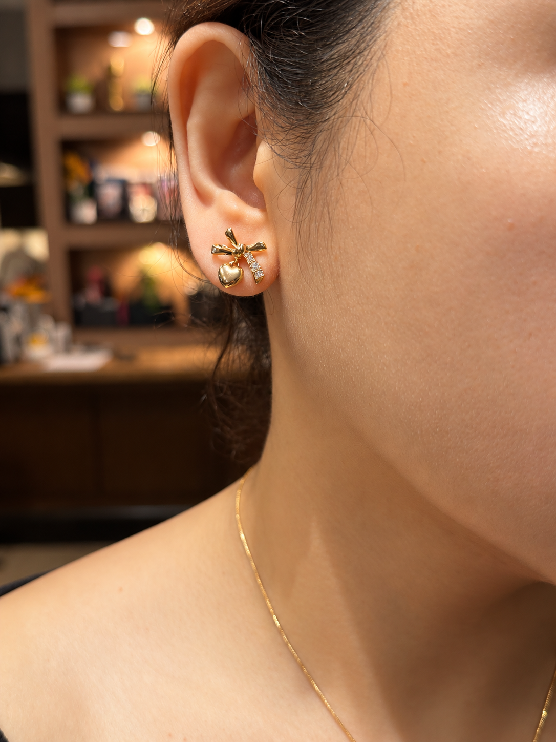 Bow Heart Pendant Necklace & Stud Earrings Set in 14K Gold Tone Finish