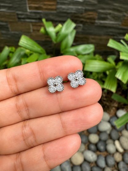 Fleur Pavé Zirconia Stud Earrings – 9mm in 14K White Gold Tone