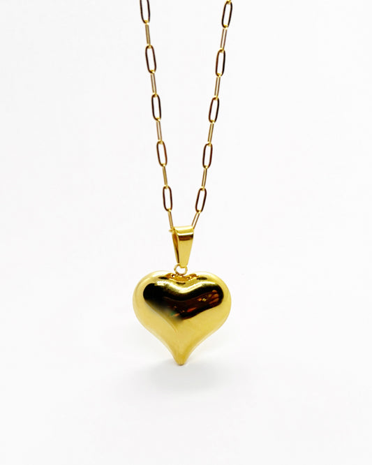 Puffed Heart Pendant Necklace (24 Inches) – 18K Gold Dipped Stainless Steel