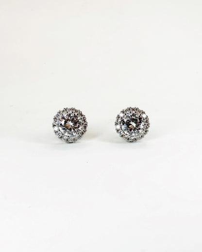 Classic halo round stud earrings with premium zirconia in 14K white gold-dipped finish