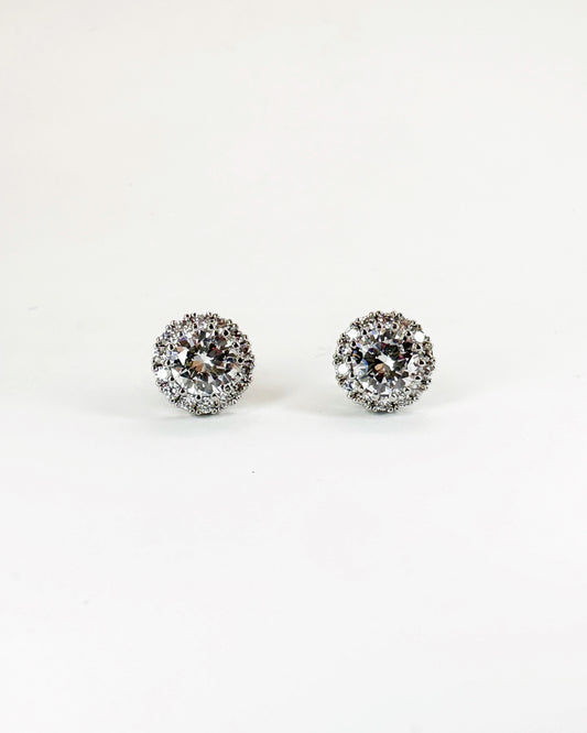 Classic halo round stud earrings with premium zirconia in 14K white gold-dipped finish
