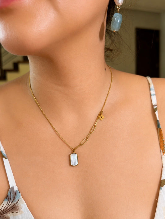 Classic Mother of Pearl Tag Pendant Necklace with Monogram Flower Charm | Gold Stainless Steel