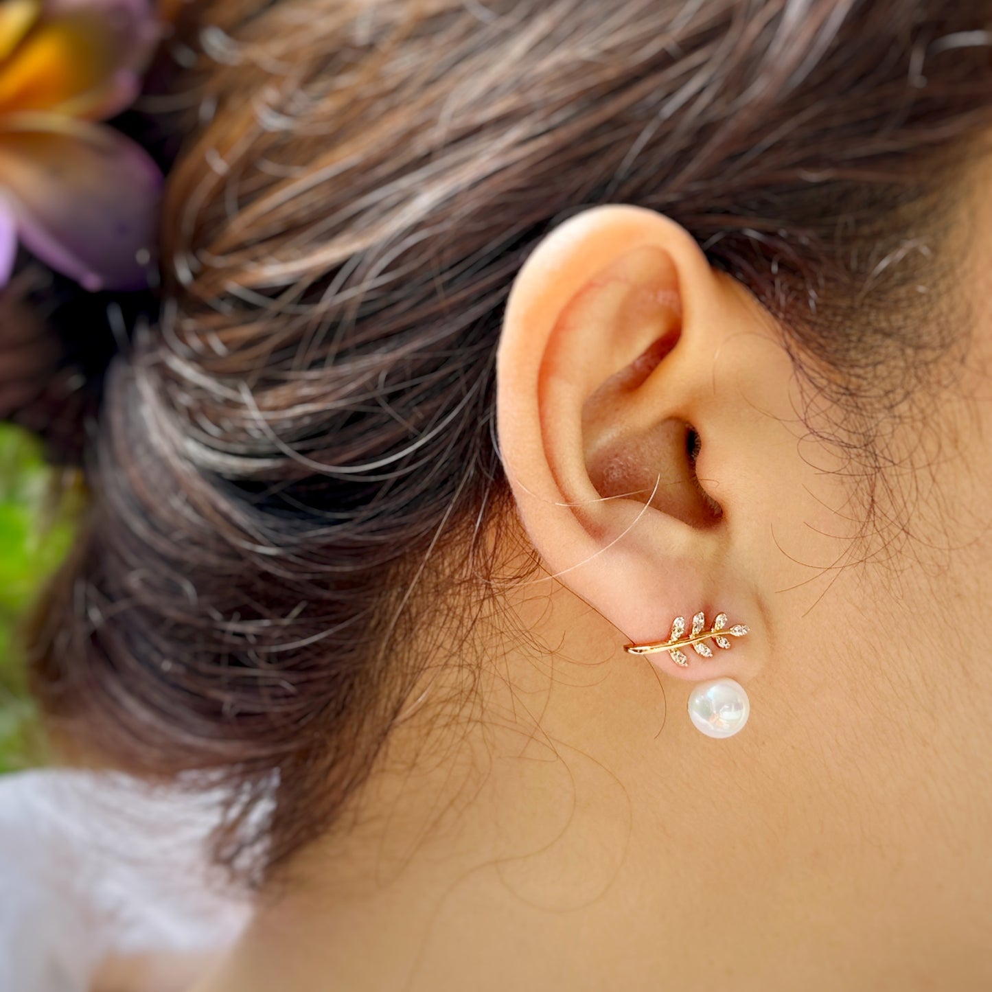 Gold Leaf and Pearl Drop Ear-Climber Earrings