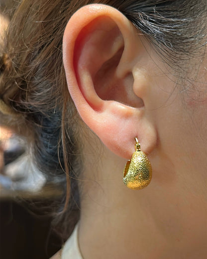 Close-up of a person wearing a gold earring.