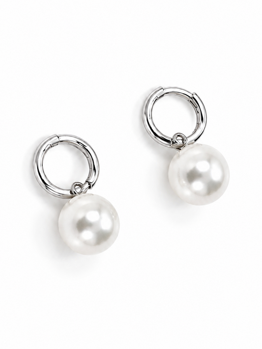 The Perla Sfera Drop Hoops in White Gold Tone