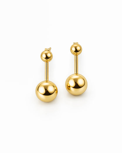 Double sphere front-back earrings in gold stainless steel with mirror polished beads