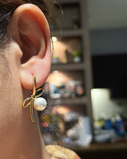 Ribbon Knot Faux Pearl Huggie Hoop Earrings | 18K Gold Tone