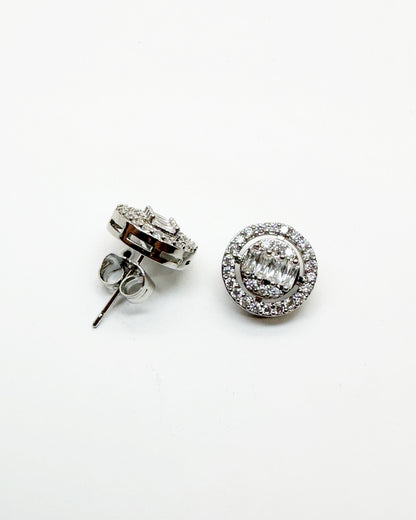 Double Halo Baguette Cluster Stud Earrings – 14K Whitegold Tone