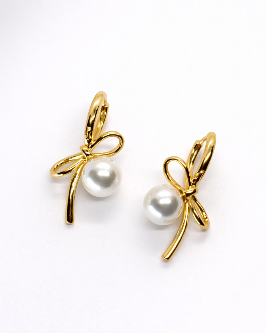 Ribbon Knot Faux Pearl Huggie Hoop Earrings | 18K Gold Tone