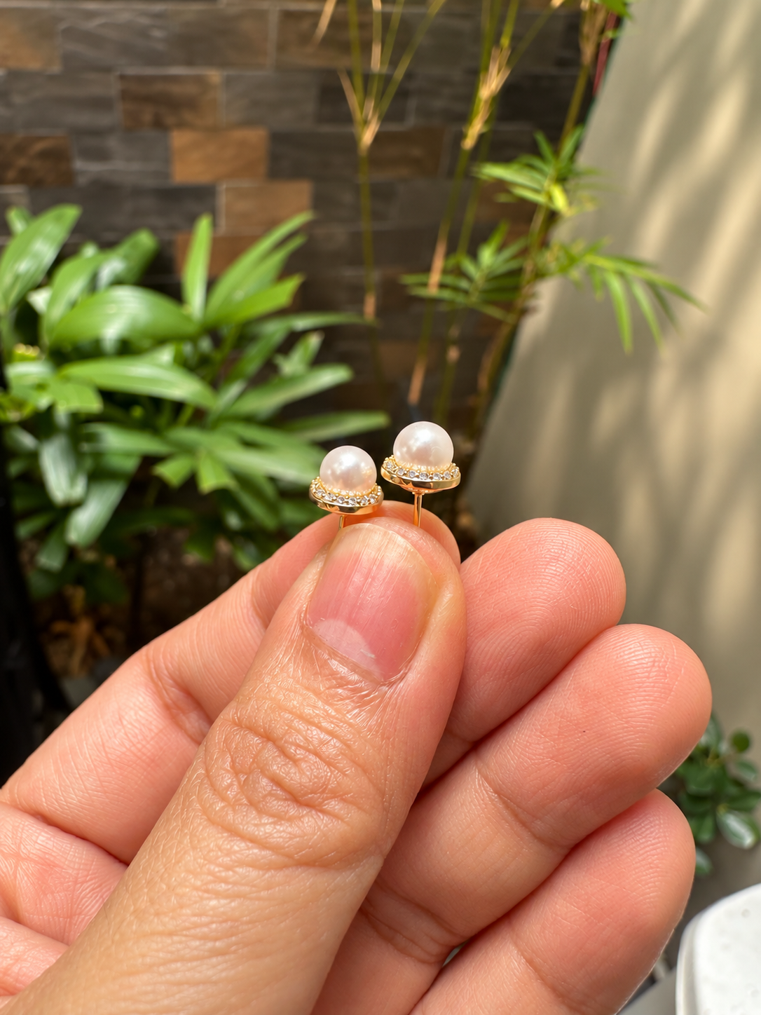 Pavé Halo Pearl Stud Earrings in 14K Gold Tone