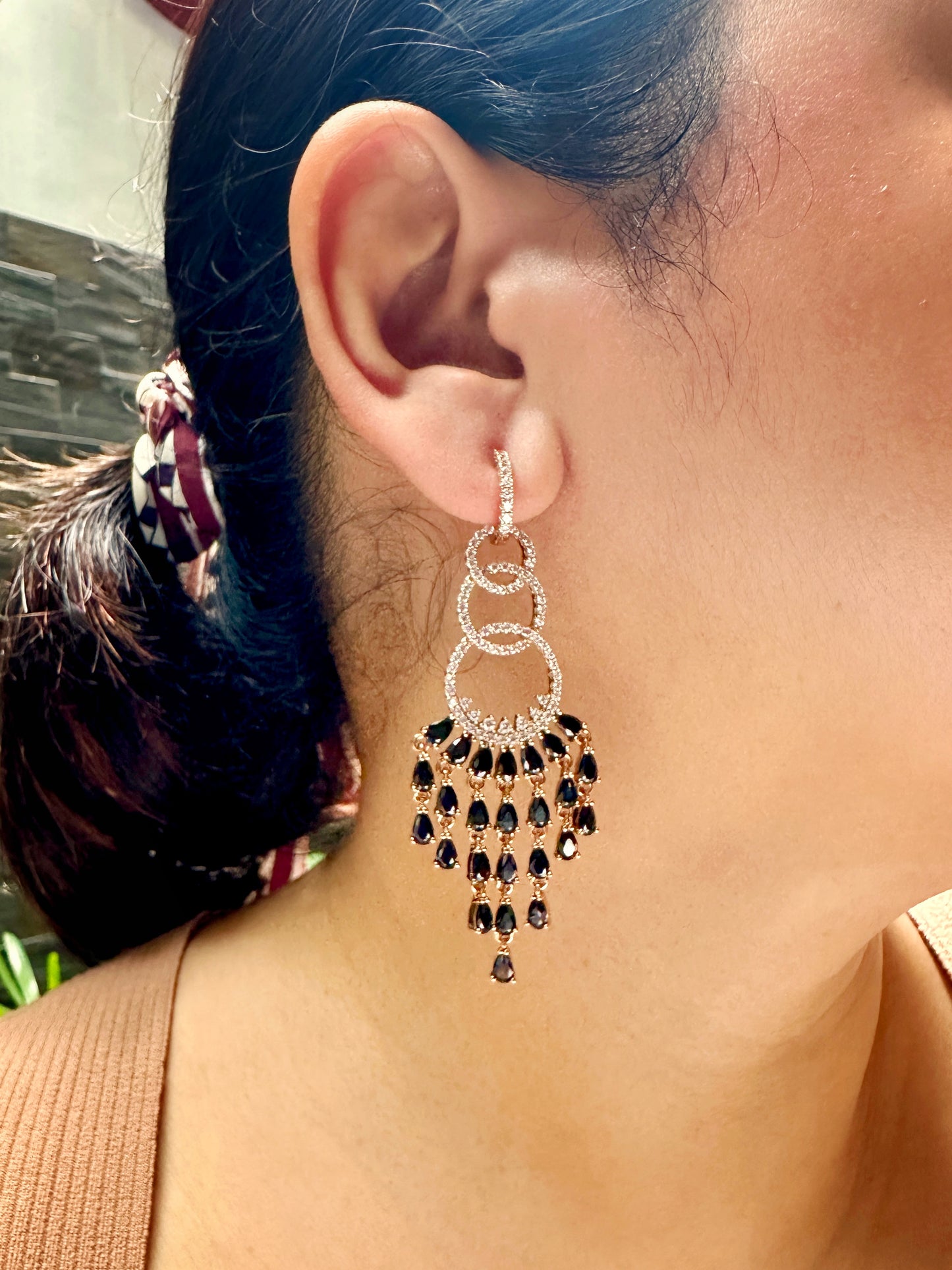 Spanish Chandelier Earrings in Black & Gold Tone