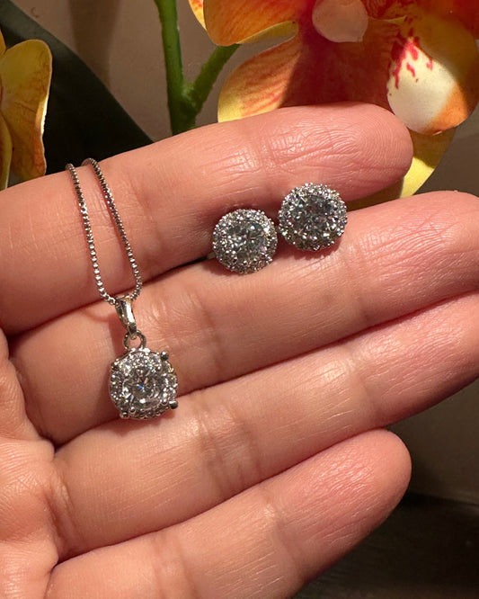 Luna Halo Sparkle Set – 18K White Gold Dipped Necklace & Stud Earrings