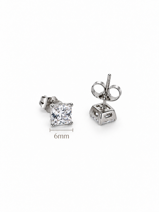 Princess Cut Solitaire Zirconia Stud Earrings in 14K White Gold Finish