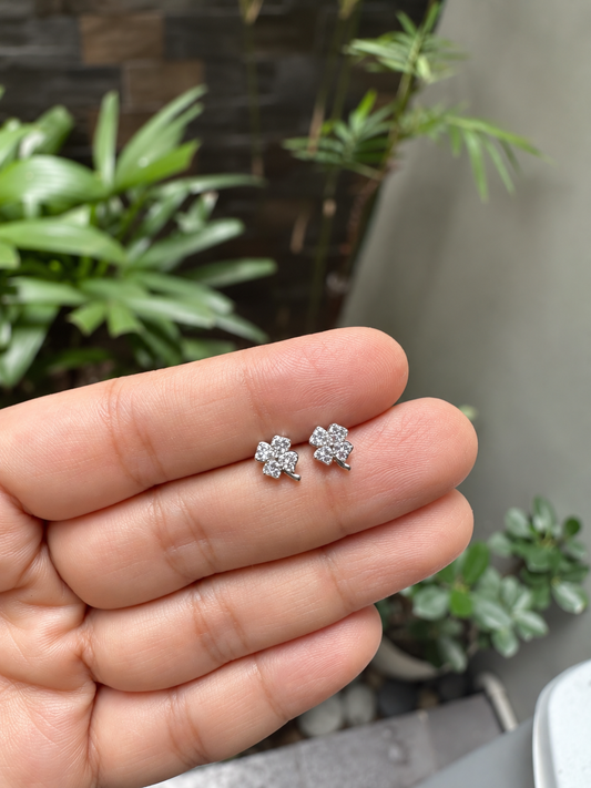 Sparkling Four-Leaf Clover Zirconia Stud Earrings in 14K White-Gold Tone