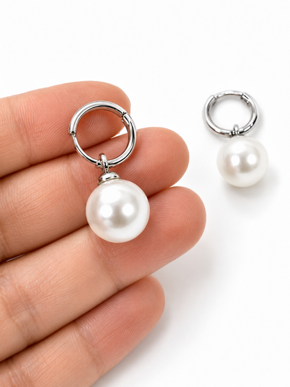 The Perla Sfera Drop Hoops in White Gold Tone