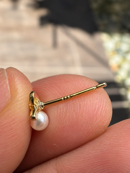 Dainty Ribbon Bow Pearl & Zirconia Stud Earrings in 14K Gold Tone