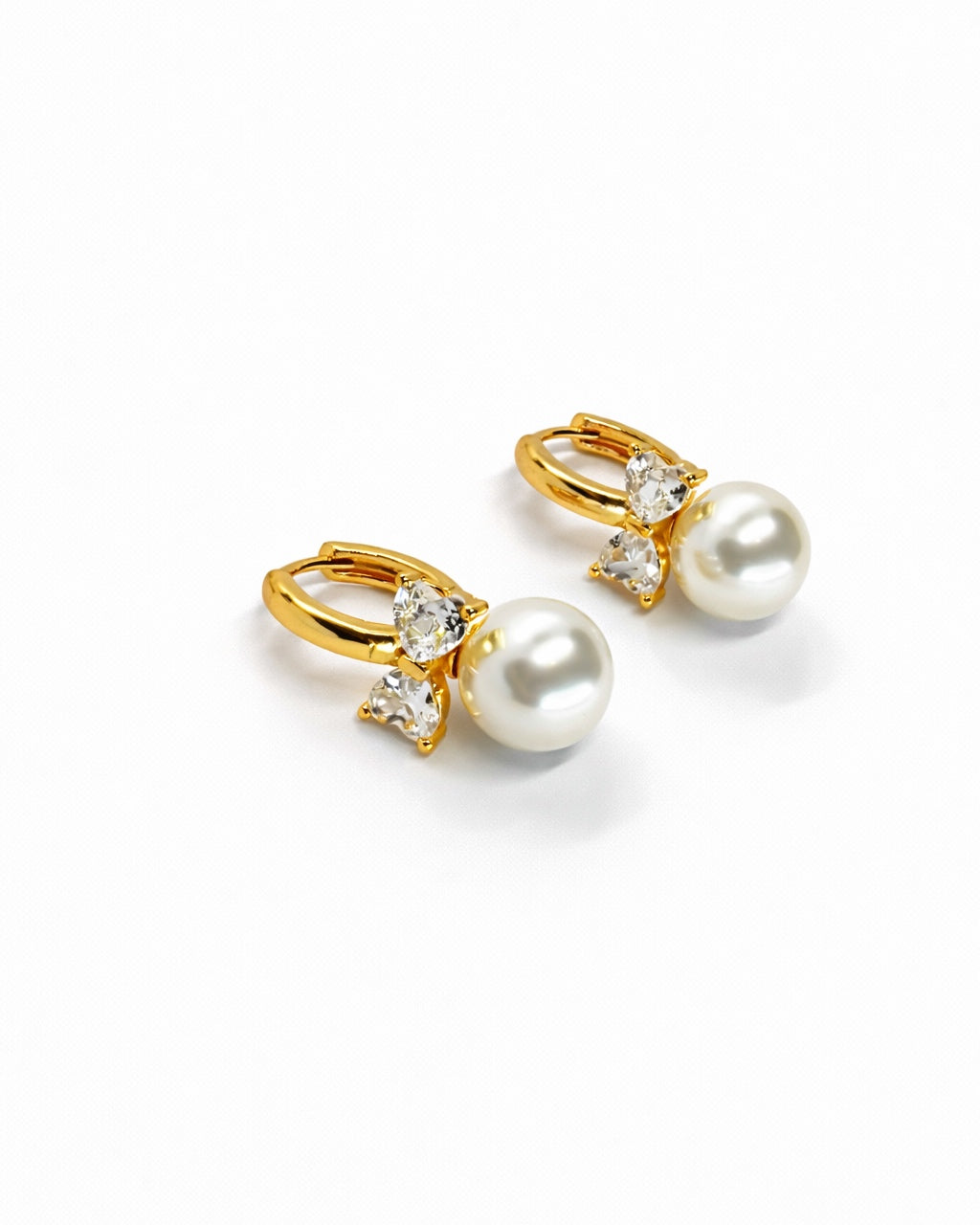 Pearl Bow Huggie Earrings – 18K Gold Dipped | Premium Zirconia