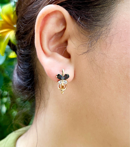 Elegant Black & Gold Butterfly Stud Earrings with Omega Back Lock