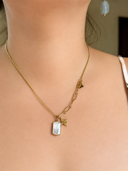 Classic Mother of Pearl Tag Pendant Necklace with Monogram Flower Charm | Gold Stainless Steel