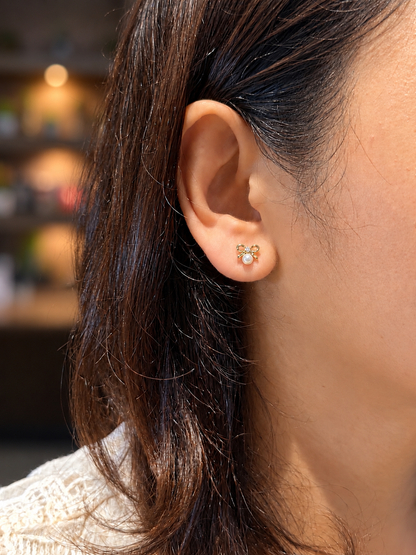 Dainty Ribbon Bow Pearl & Zirconia Stud Earrings in 14K Gold Tone