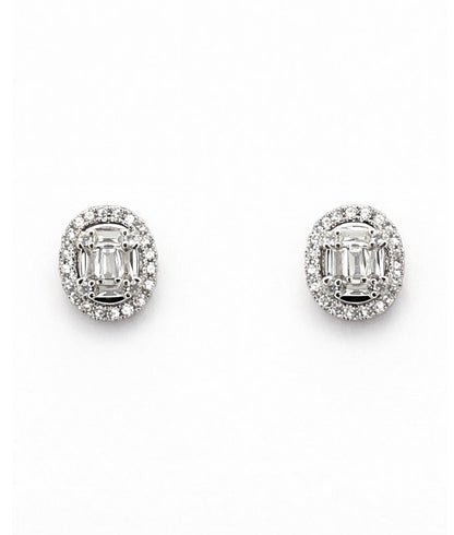 Oval Halo Illusion Zirconia Stud Earrings | White Gold Finish