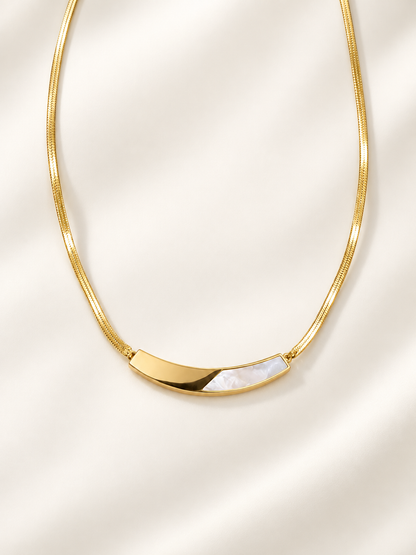 Sleek Curved Mother of Pearl Bar Snake Chain Necklace in 18K Gold