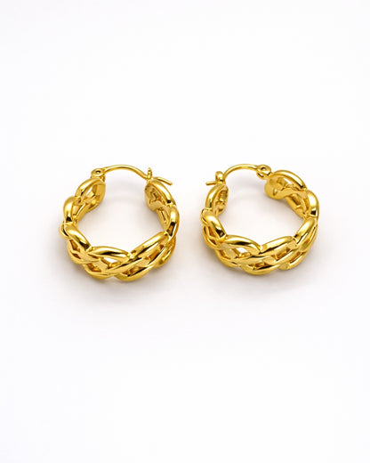 Pair of gold hoop earrings on a white background