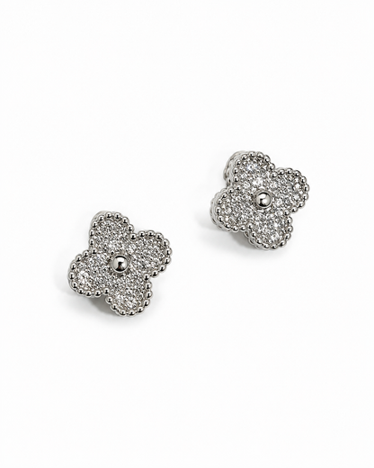 Fleur Pavé Zirconia Stud Earrings – 9mm in 14K White Gold Tone