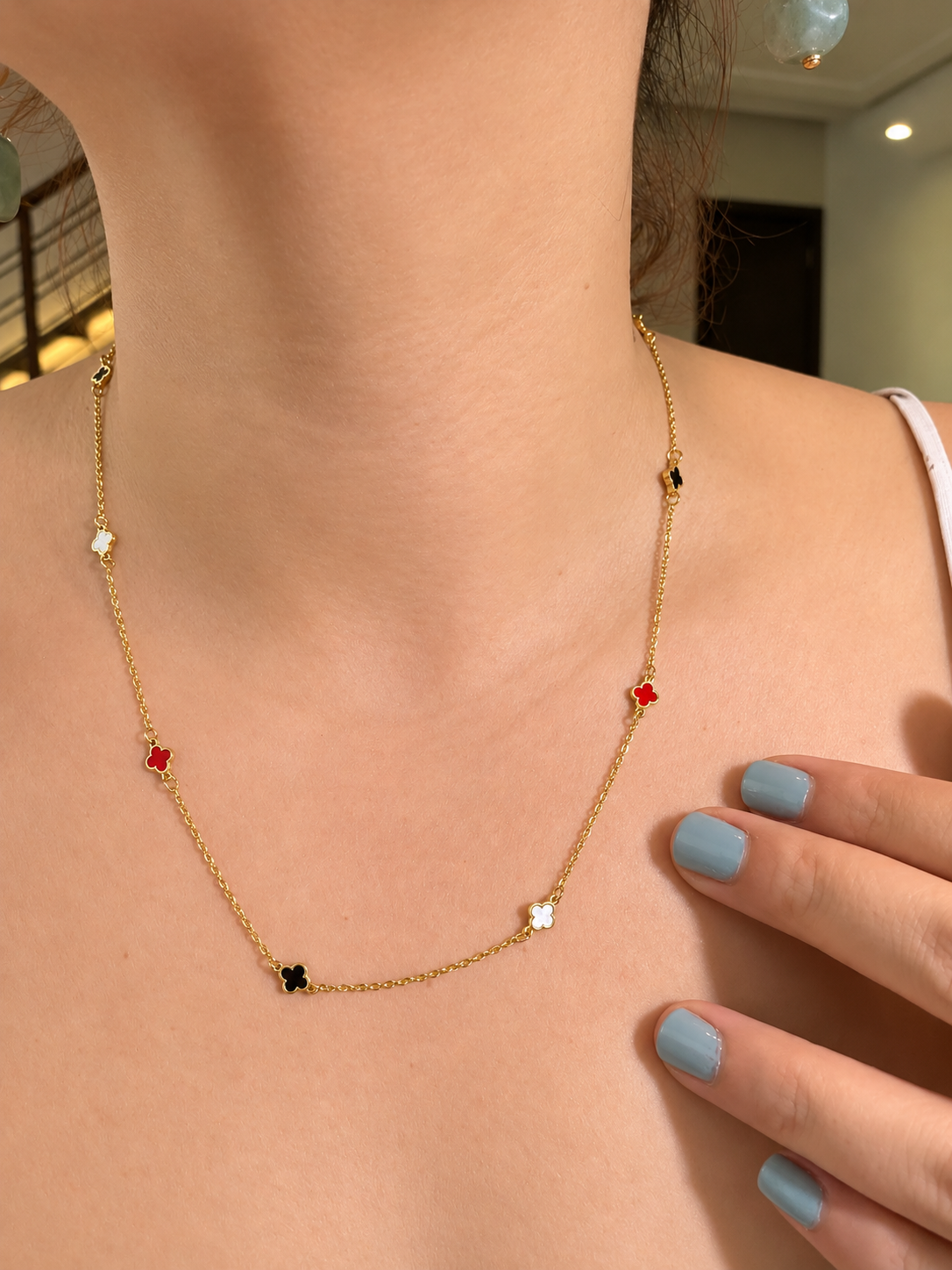 Multicolor Petite Clover Station Chain Necklace in Stainless Steel