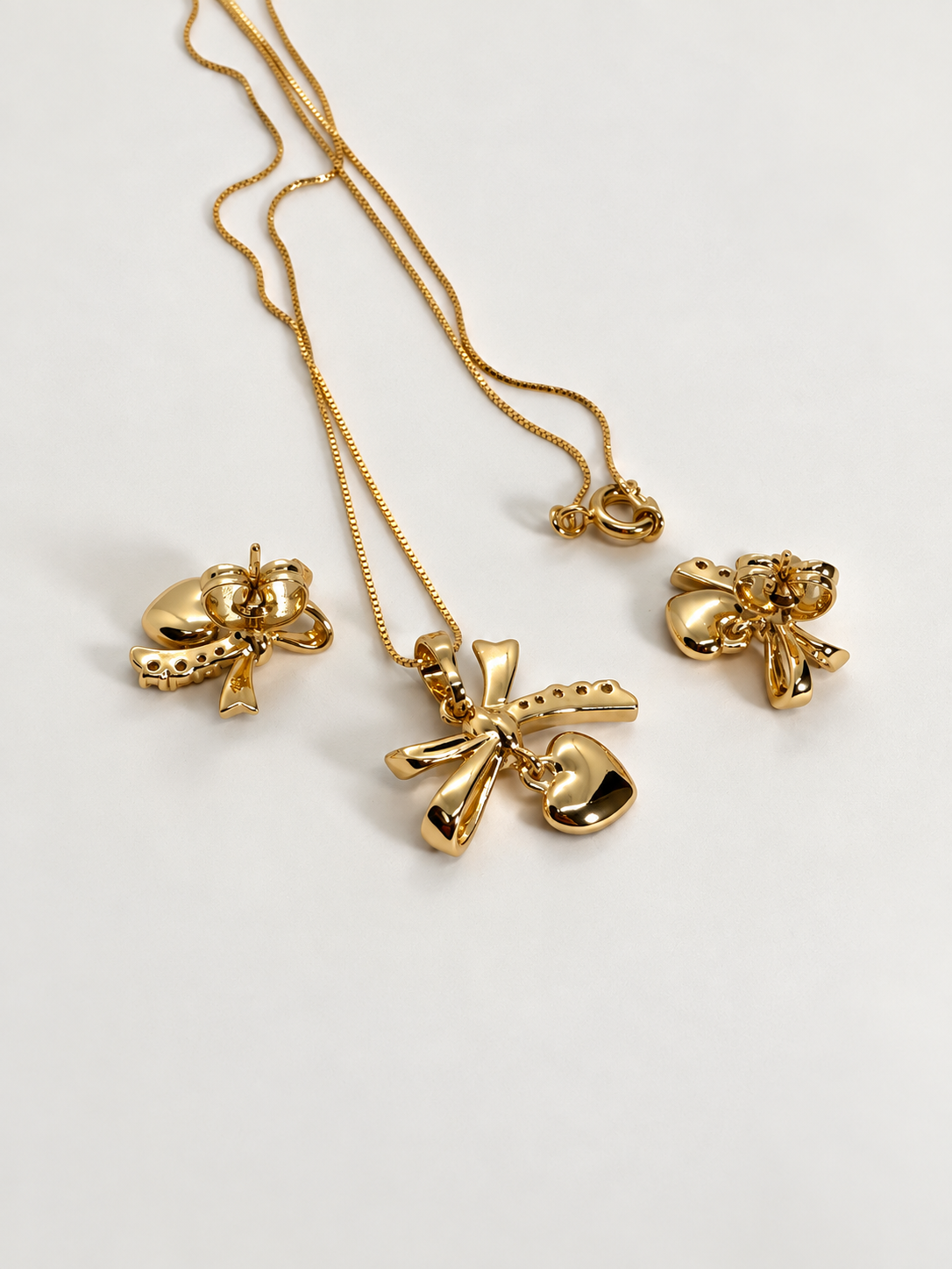 Bow Heart Pendant Necklace & Stud Earrings Set in 14K Gold Tone Finish