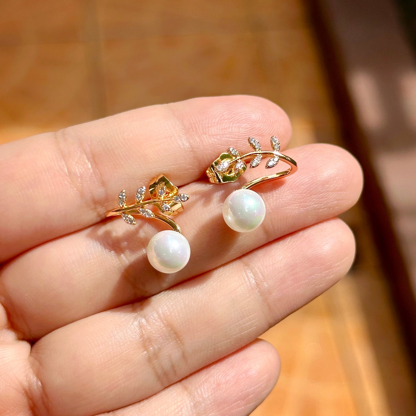 Gold Leaf and Pearl Drop Ear-Climber Earrings