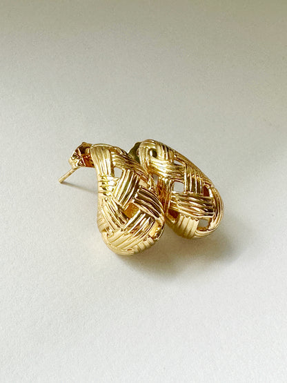 Woven Teardrop Gold Statement Earrings in Stainless Steel
