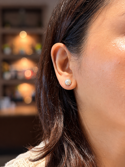 Crown Pavé Zirconia Halo Pearl Stud Earrings in 14K Gold Tone
