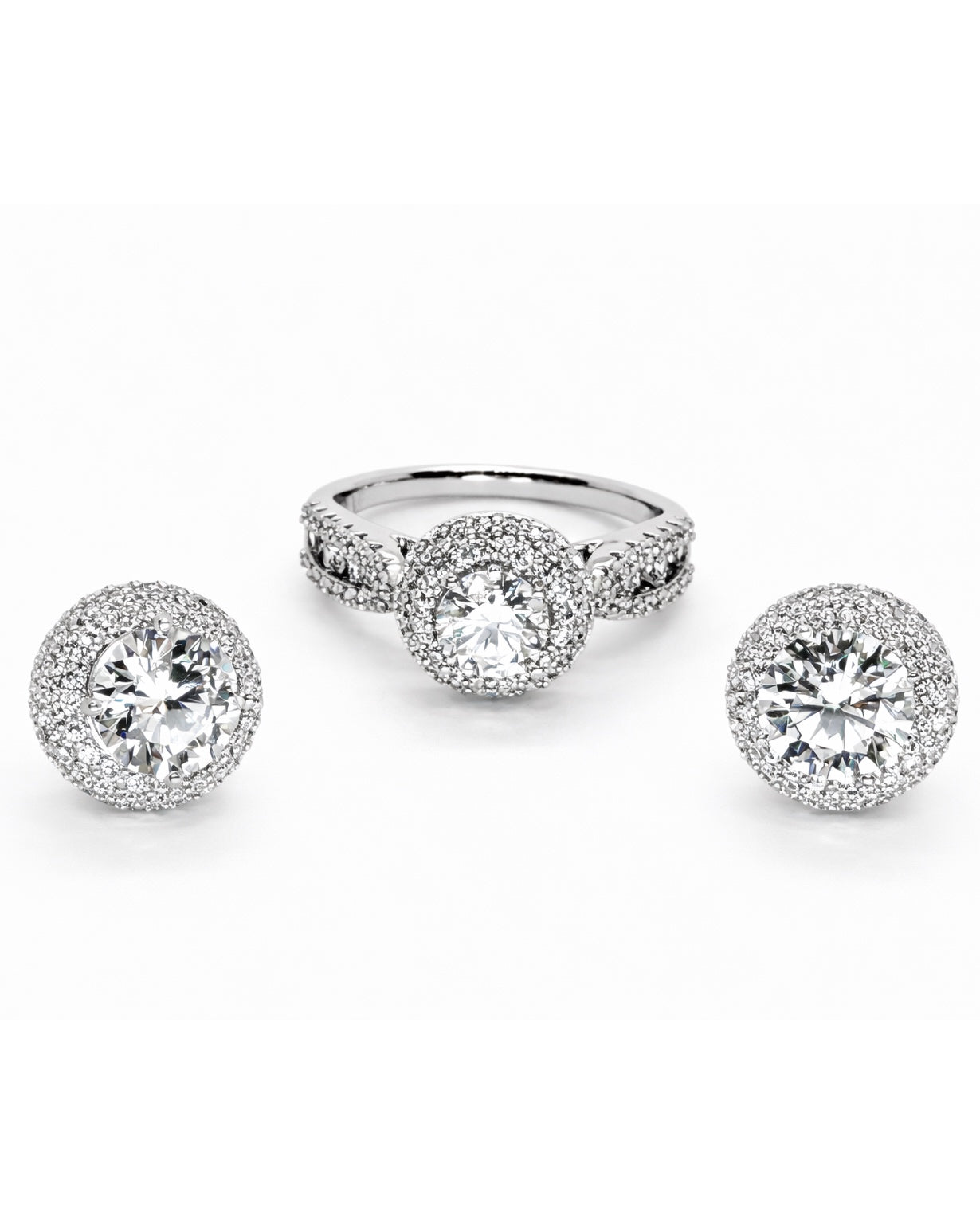Heritage Pavé Halo Ring & Stud Earrings Set – White Gold Tone
