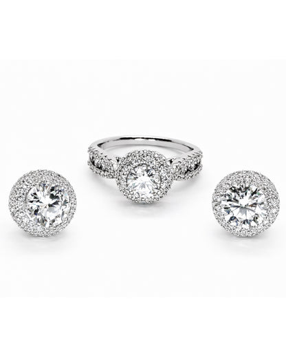 Heritage Pavé Halo Ring & Stud Earrings Set – White Gold Tone
