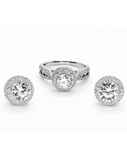 Heritage Pavé Halo Ring & Stud Earrings Set – White Gold Tone