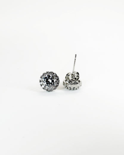 Classic halo round stud earrings with premium zirconia in 14K white gold-dipped finish
